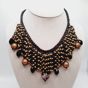 Chico's Black Gold Beaded Bib Necklace, Italian Wedding Cake Bead, 20 Inches